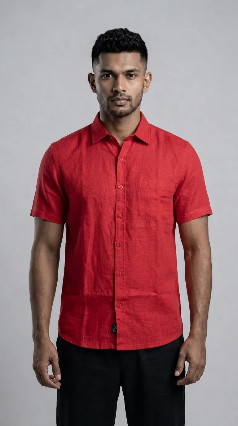 Slim Fit Linen Plain Short Sleeve Shirt