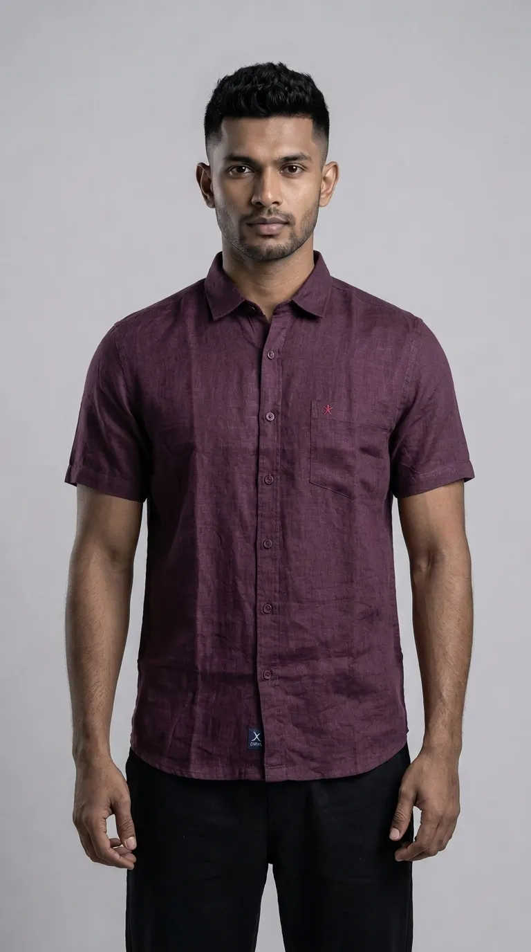Slim Fit Linen Plain Short Sleeve Shirt