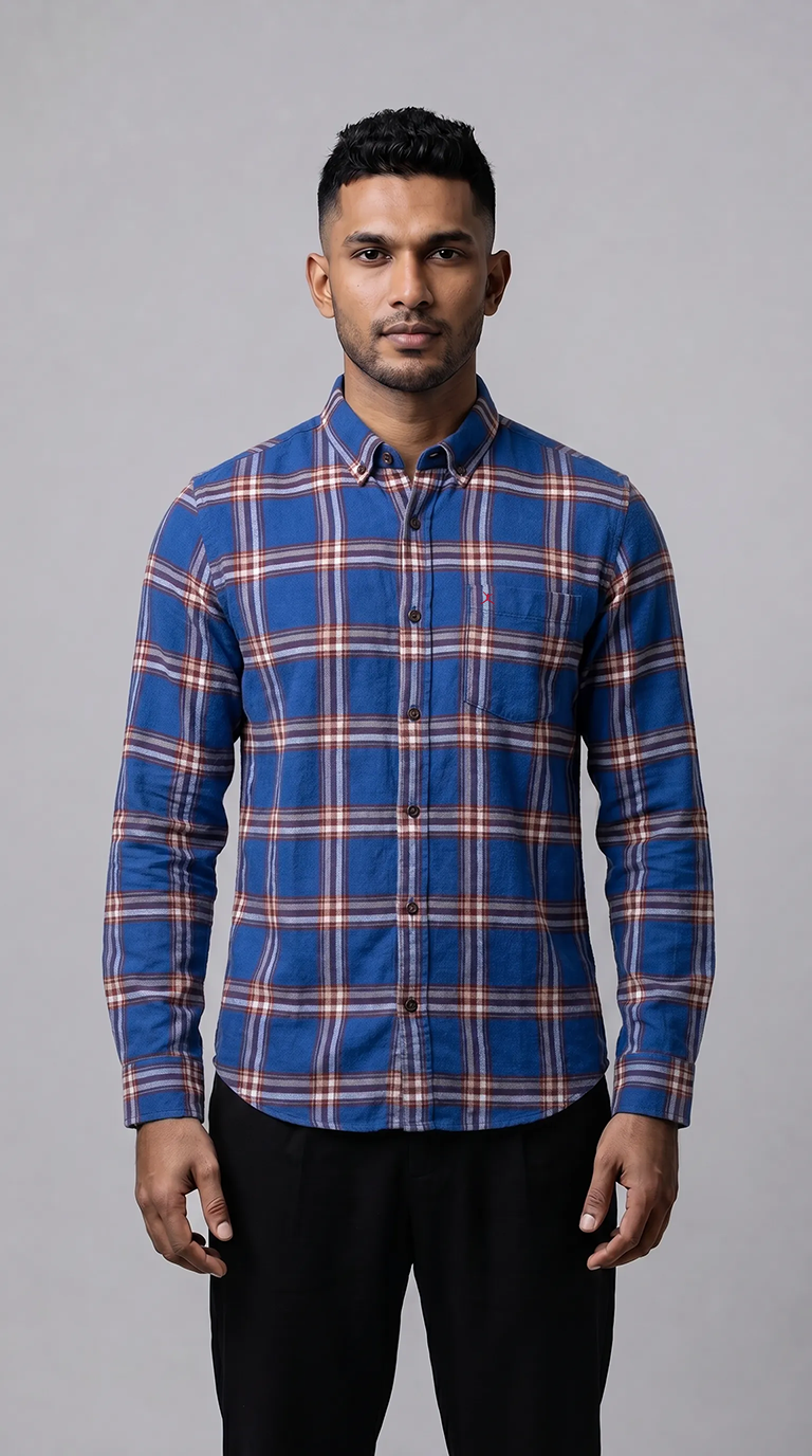 Slim Fit Denim Checks L/S Shirt - Cobalt Blue
