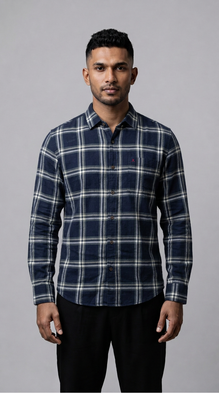 Slim Fit Denim Checks L/S Shirt - Dark Blue