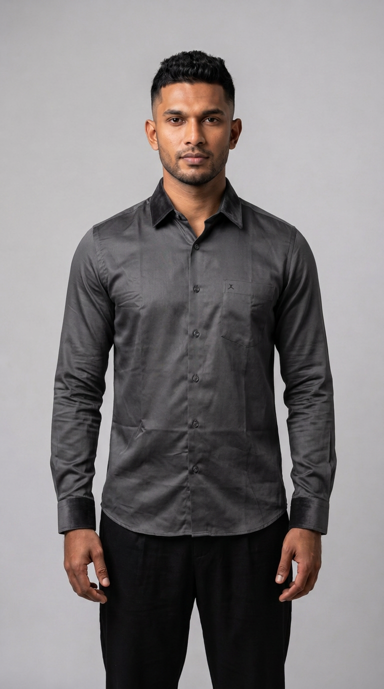 Slim Fit Cotton Plain L/S Shirt - Dark Gray