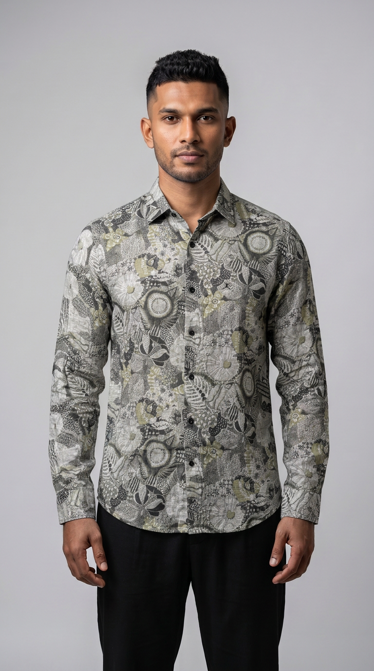 Slim Fit Cotton Printed L/S Shirt - Gray