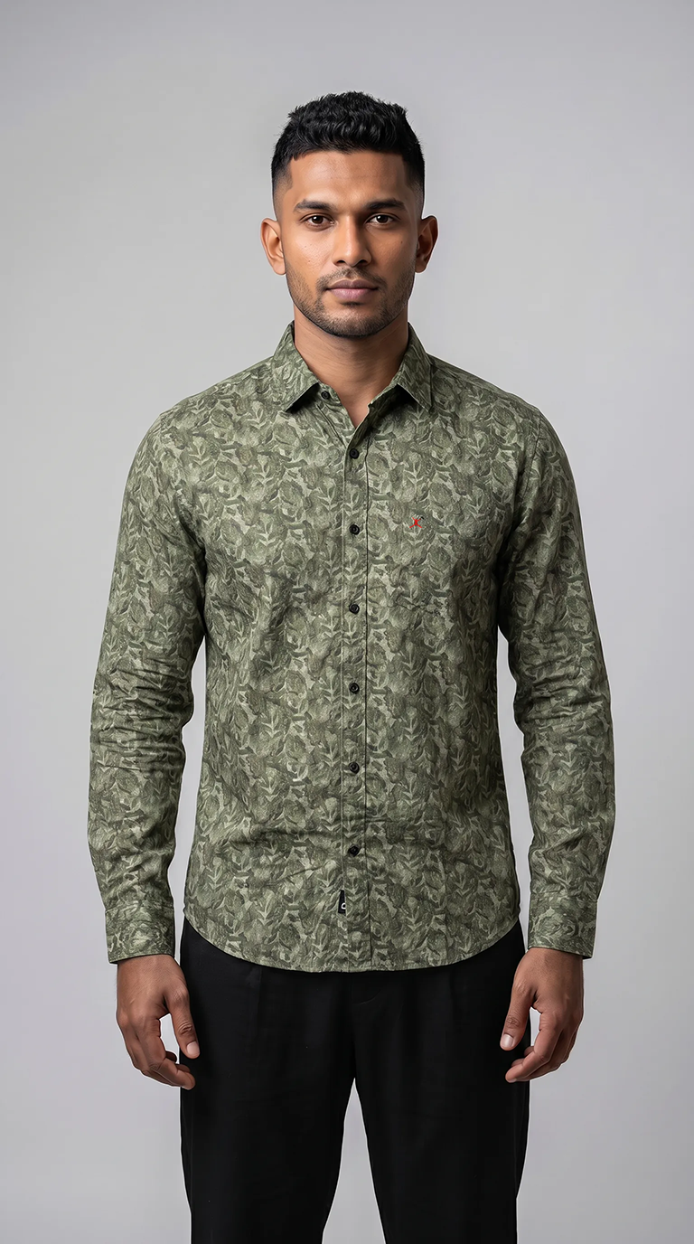 Slim Fit Cotton Printed L/S Shirt - Dark Green