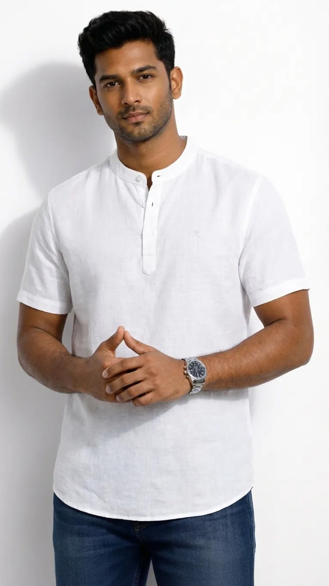 Slim Fit Cotton Linen Plain S/S Half Kurta