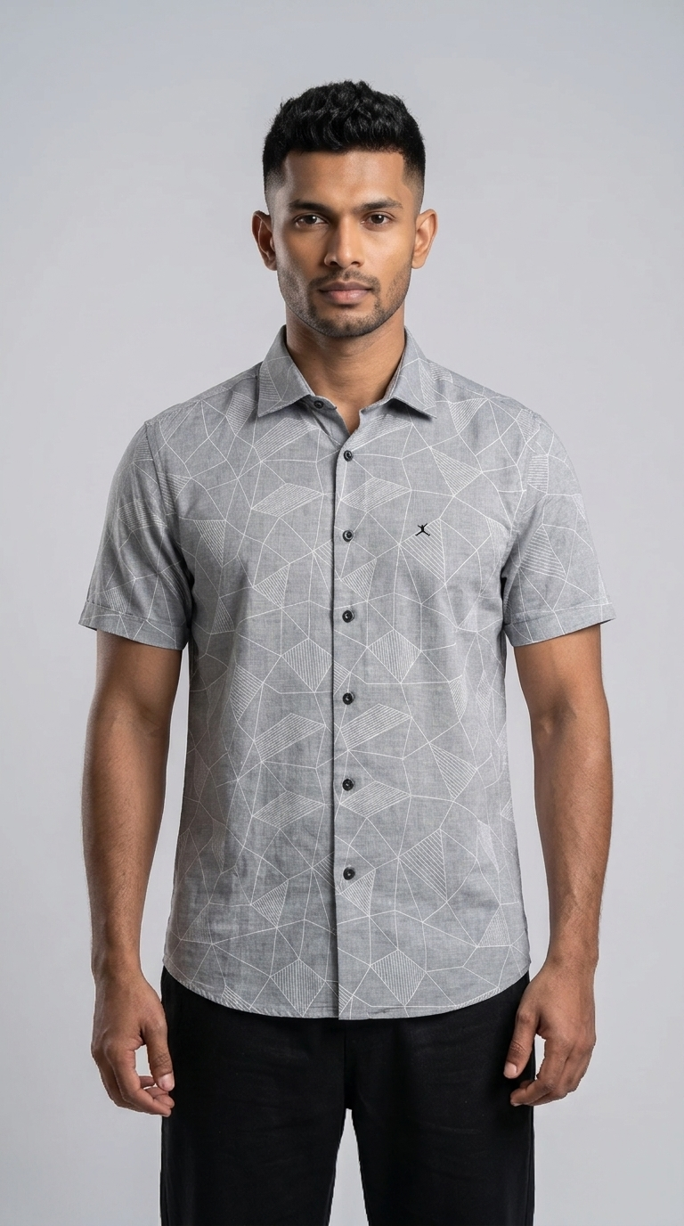 Slim Fit Cotton Printed S/S Shirt - Light Gray