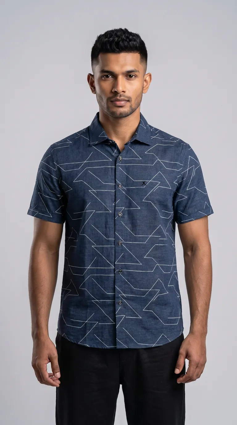 Slim Fit Cotton Printed S/S Shirt - Dark Blue