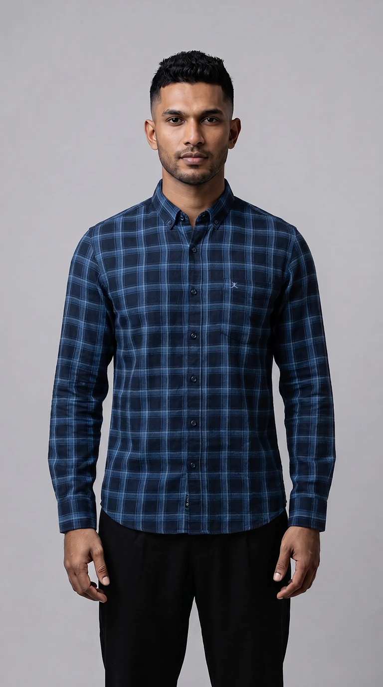Slim Fit Cotton Check Shirt - Dark Blue