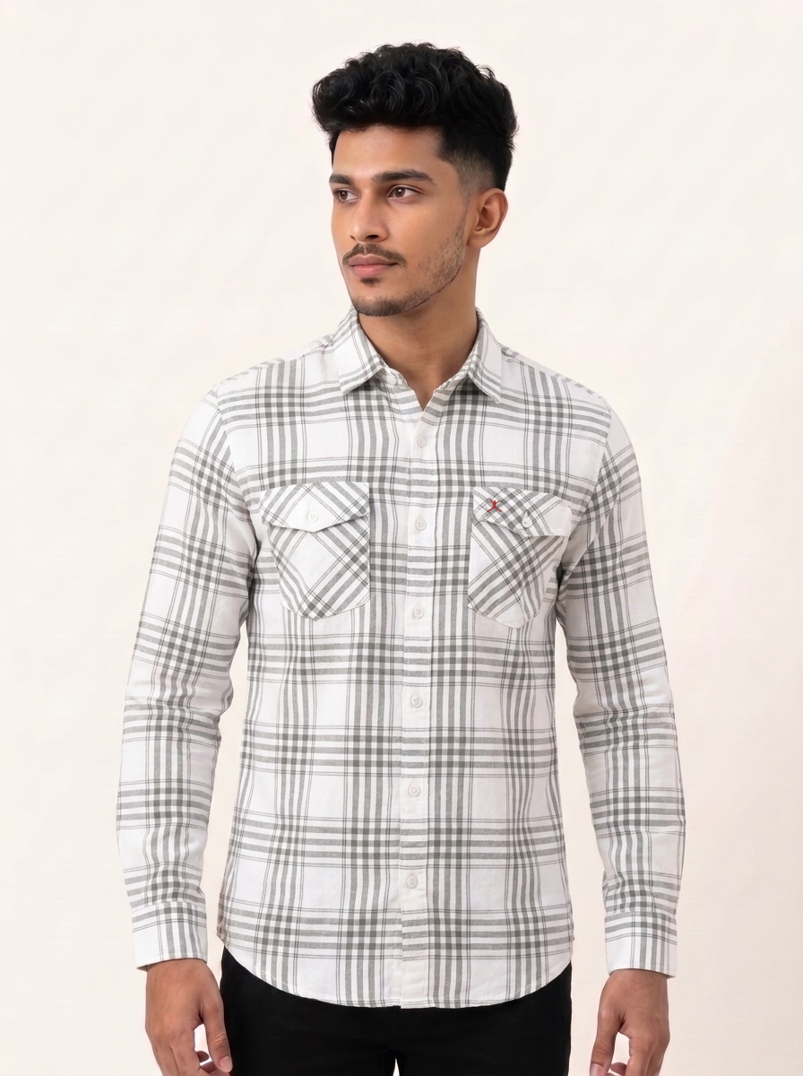 Slim Fit Cotton Check Double Pocket Shirt L/S - White