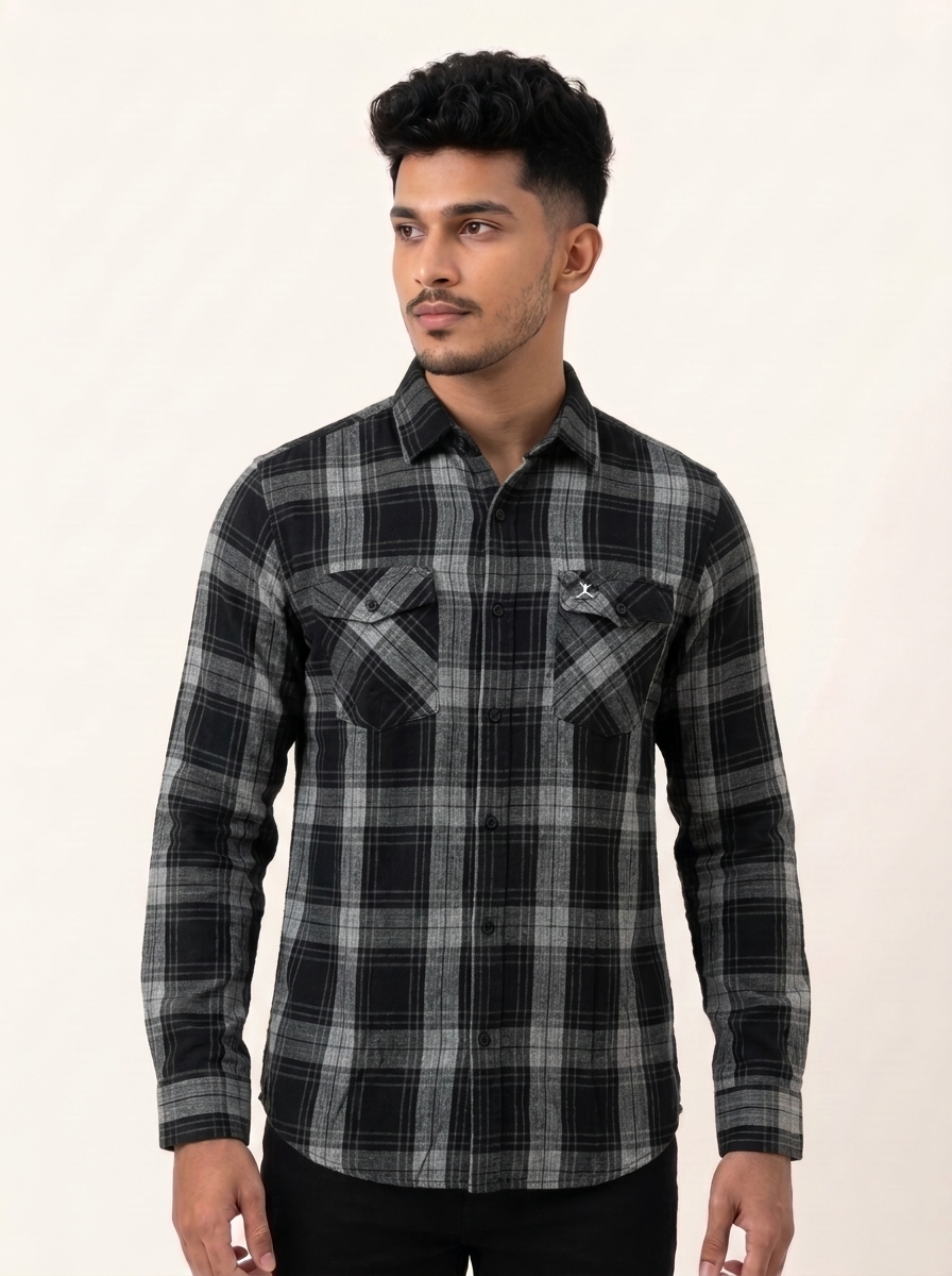 Slim Fit Cotton Check Double Pocket Shirt L/S - Black