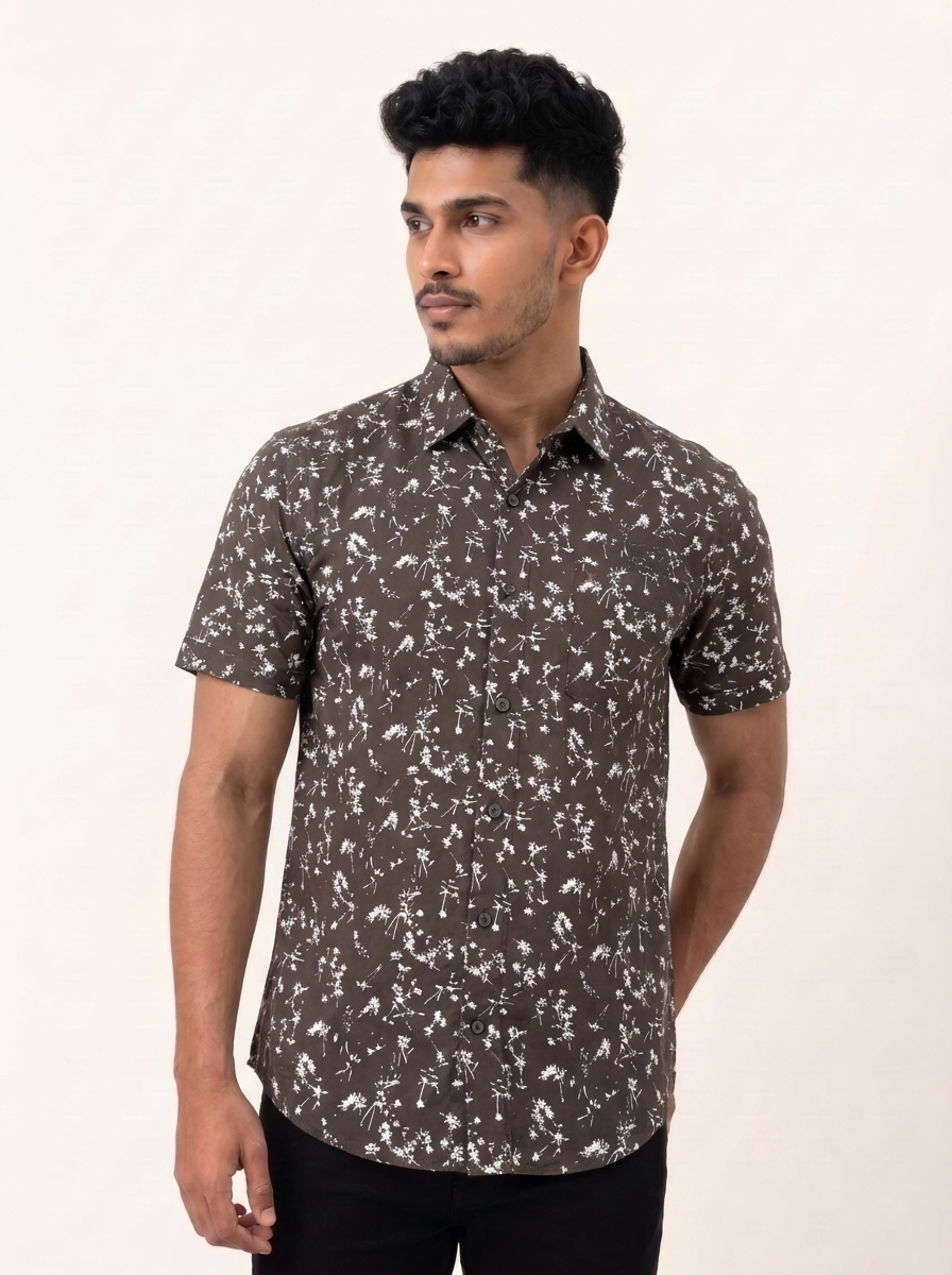 Slim Fit Cotton Printed S/S Shirt - Dusty Rose