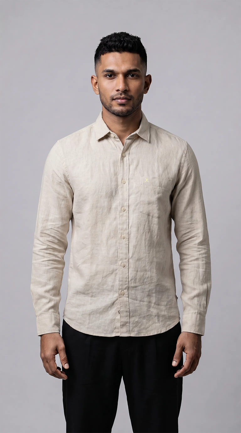 Slim Fit Cotton Linen Plain L/S Shirt - Beige
