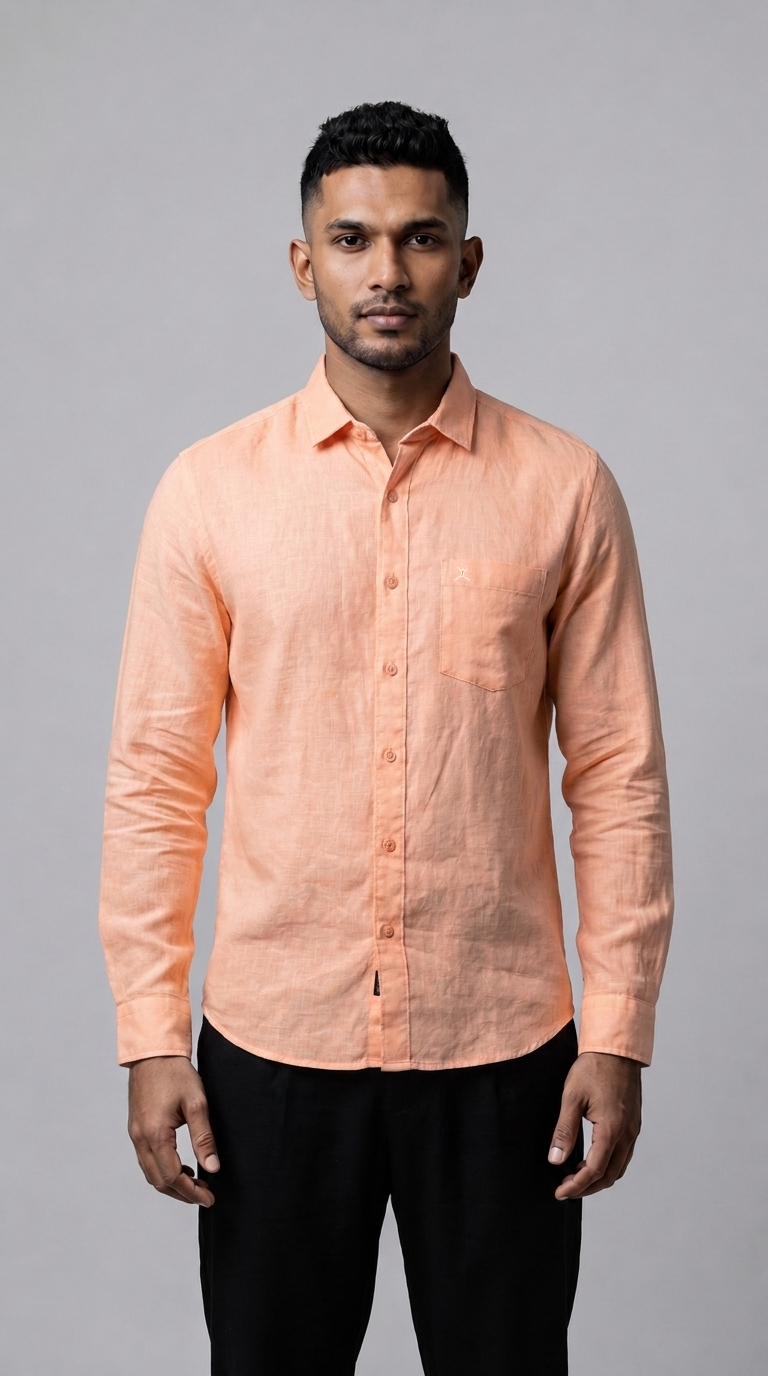 Slim Fit Cotton Linen Plain L/S Shirt - Orange
