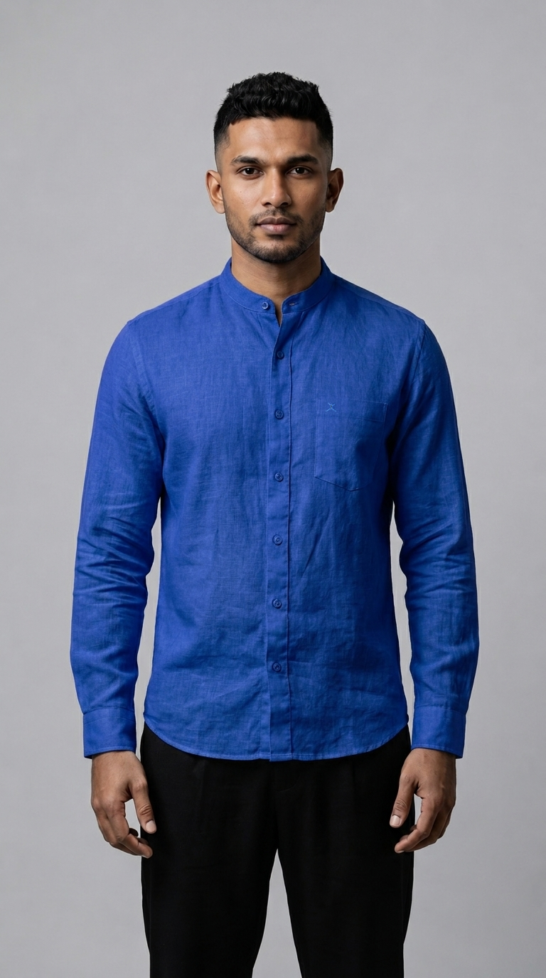 Slim Fit Cotton Linen Plain L/S Shirt - Cobalt Blue