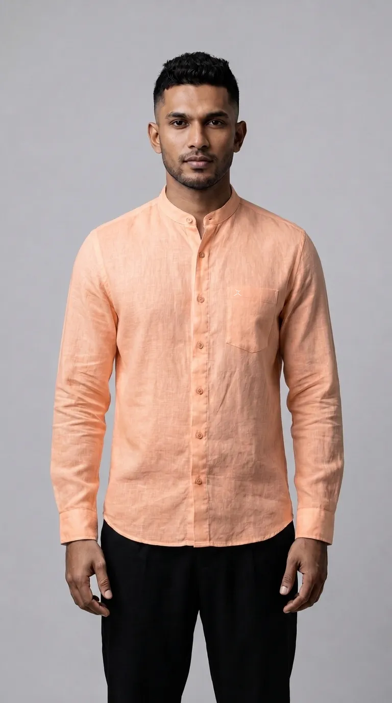 Slim Fit Cotton Linen Plain L/S Shirt - Orange