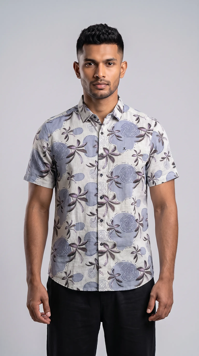 Slim Fit Cotton Printed S/S Shirt - Purple