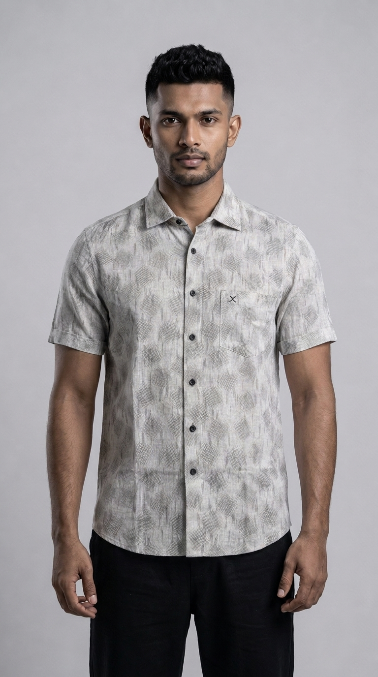 Slim Fit Cotton Linen Printed S/S Shirt - Light Gray