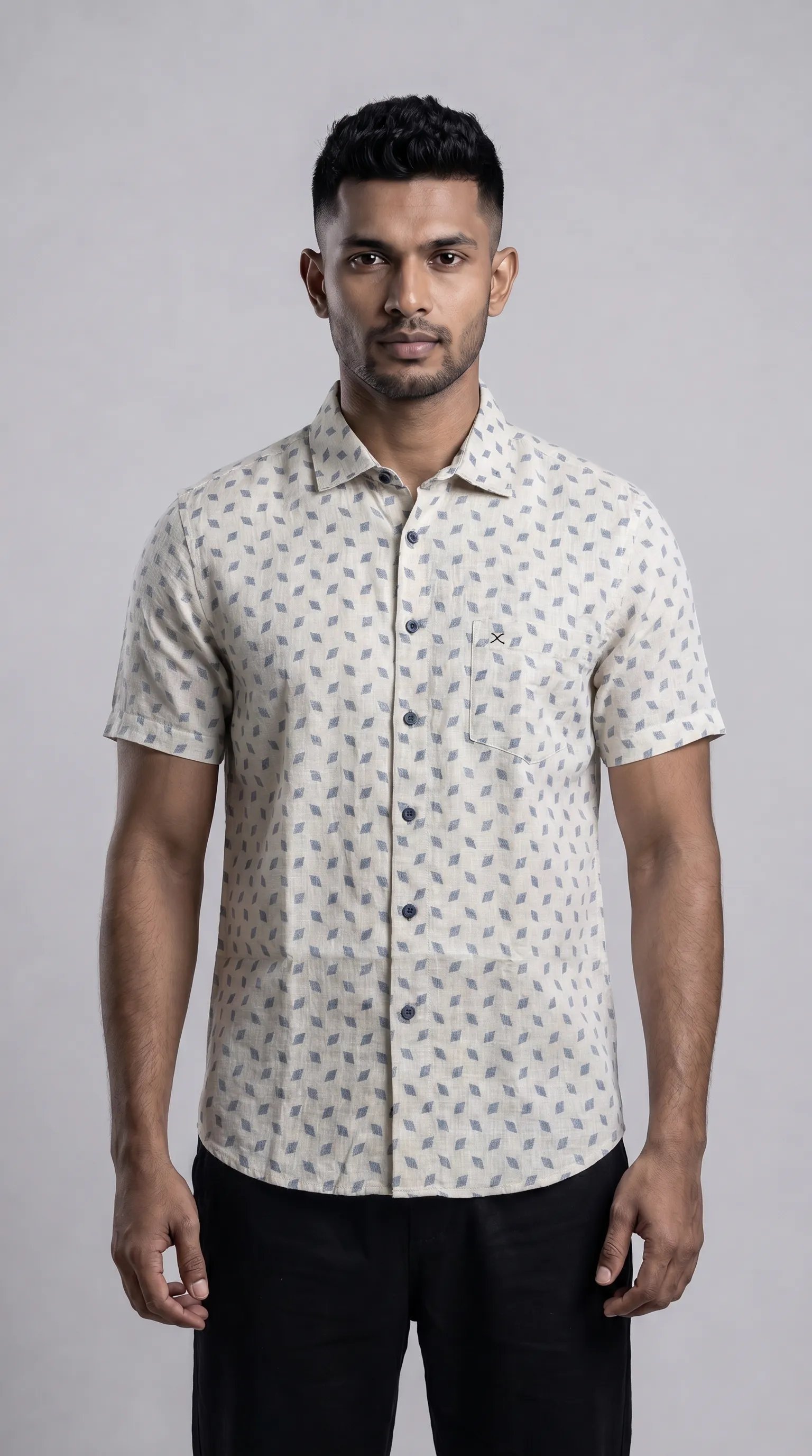 Slim Fit Cotton Linen Printed S/S Shirt - Light Blue