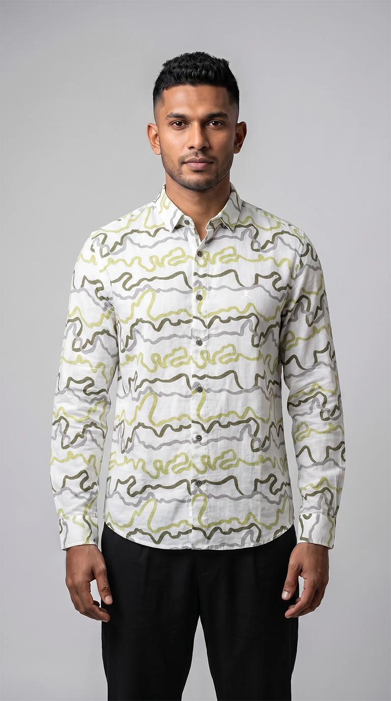 Slim Fit Cotton Linen Printed L/S Shirt - Light Green