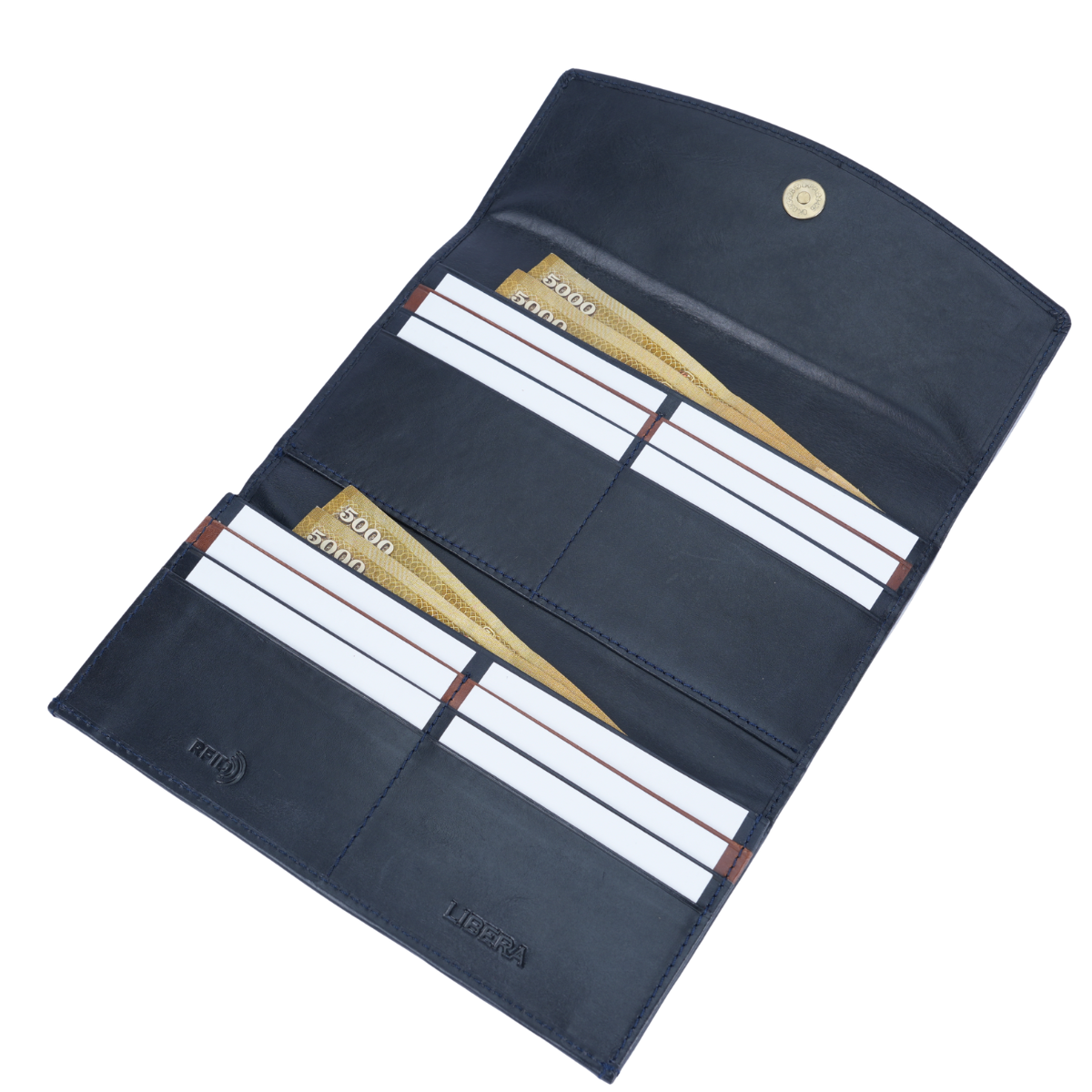Italian Leather RFID Ladies Tri Fold Envelope Wallet - Navy Blue
