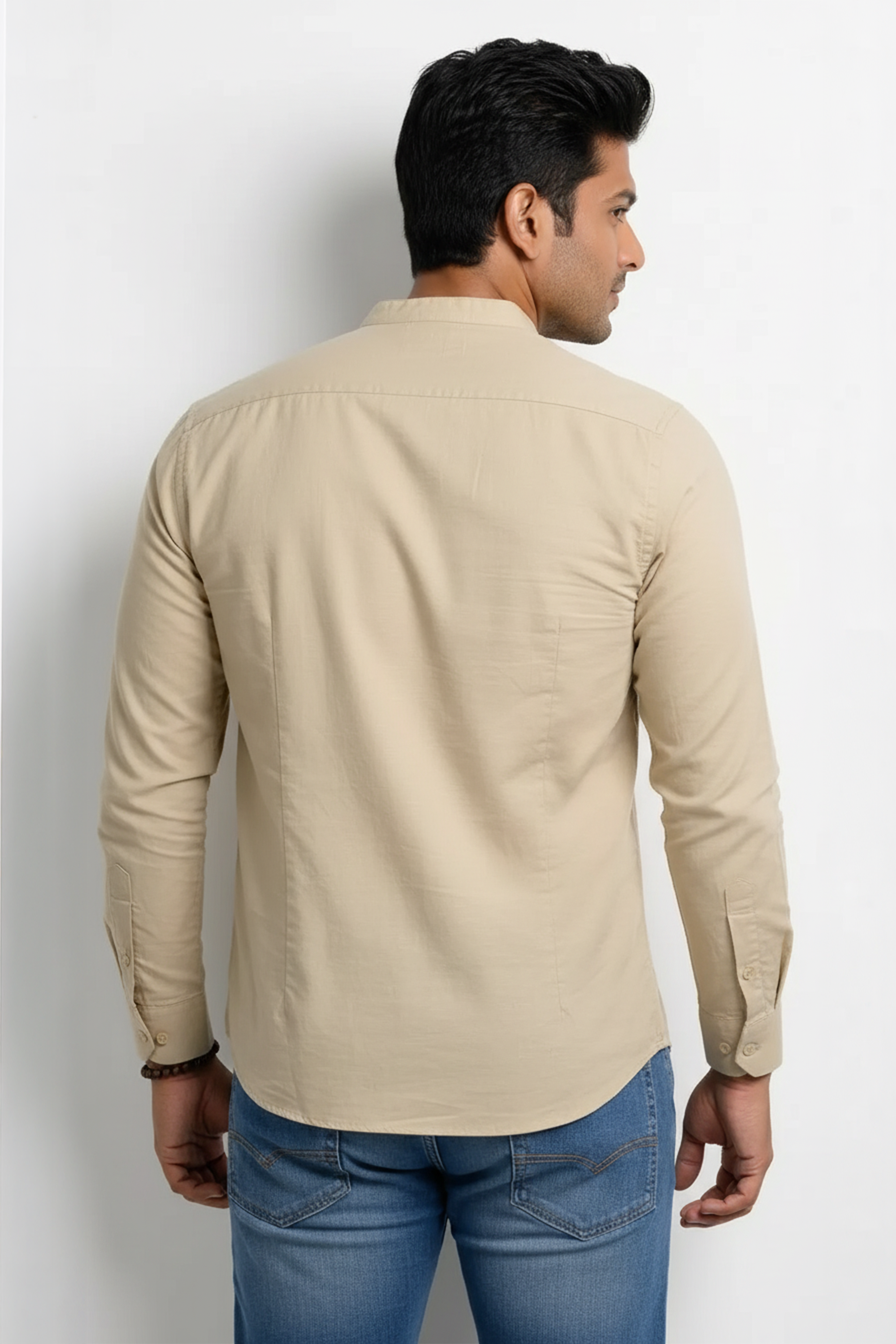 Slim Fit Cotton Plain L/S Shirt - Cream