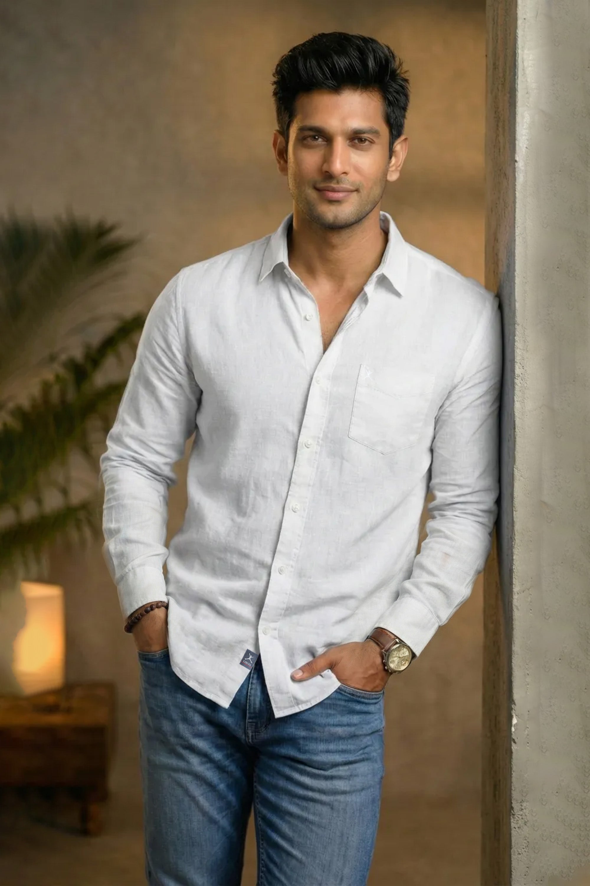 Slim Fit Prime Linen L/S Shirt - White