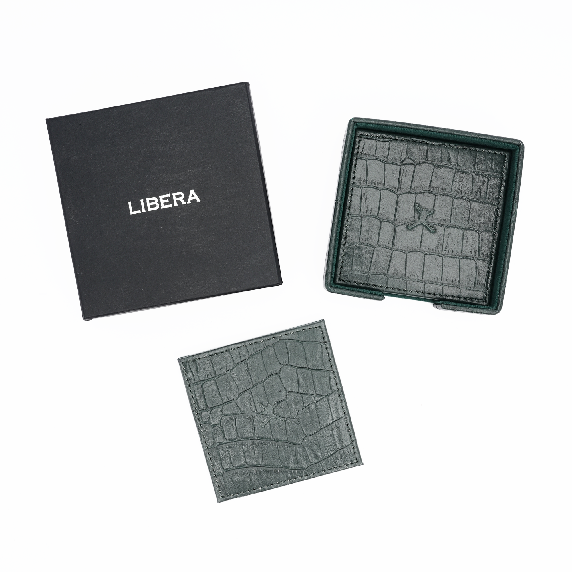 Italian Leather Square Coaster Set - Green