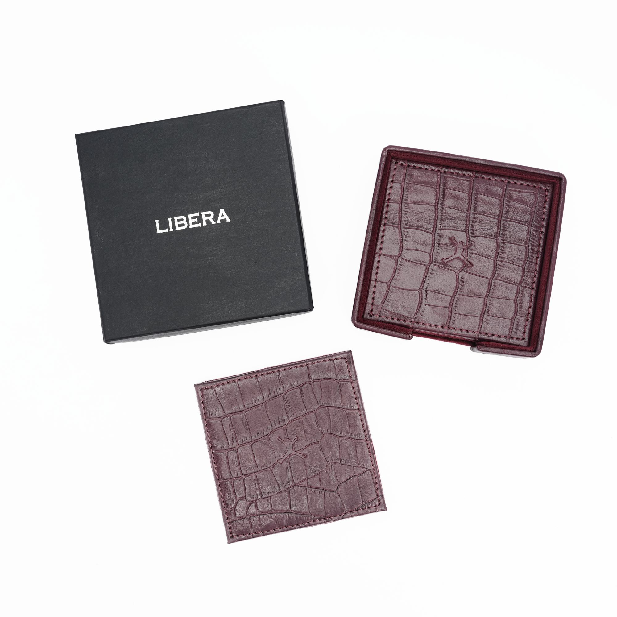 Italian Leather Square Coaster Set - Burgundy