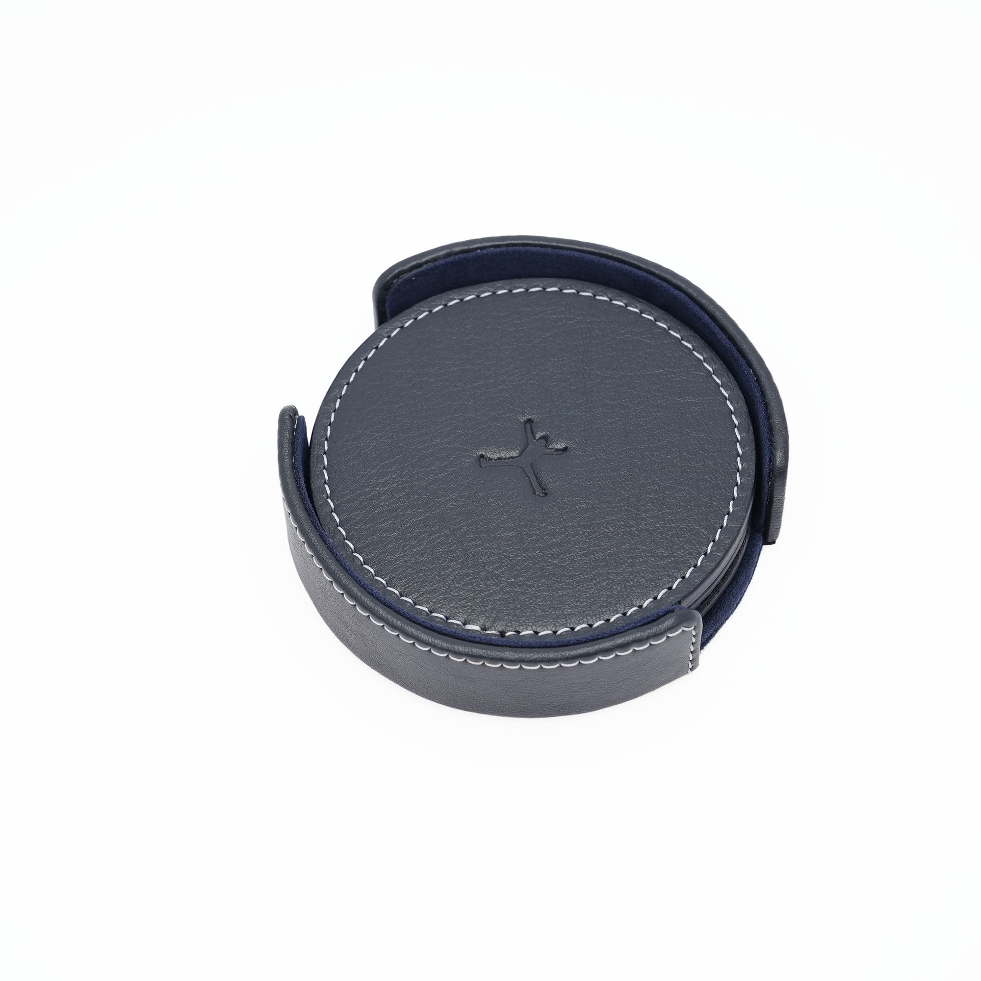 Italian Leather Round Coaster Set - Navy Blue