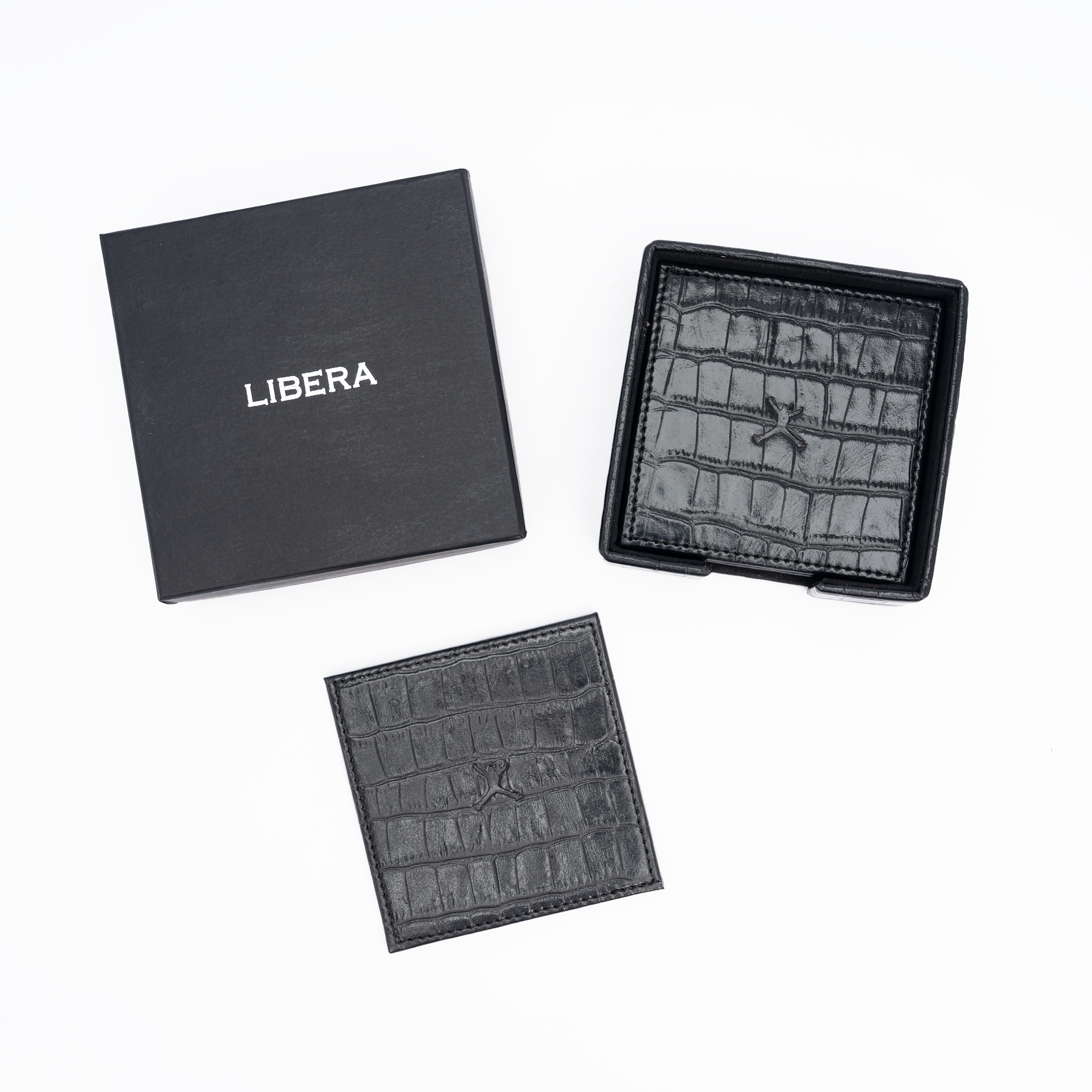 Italian Leather Square Coaster Set - Black