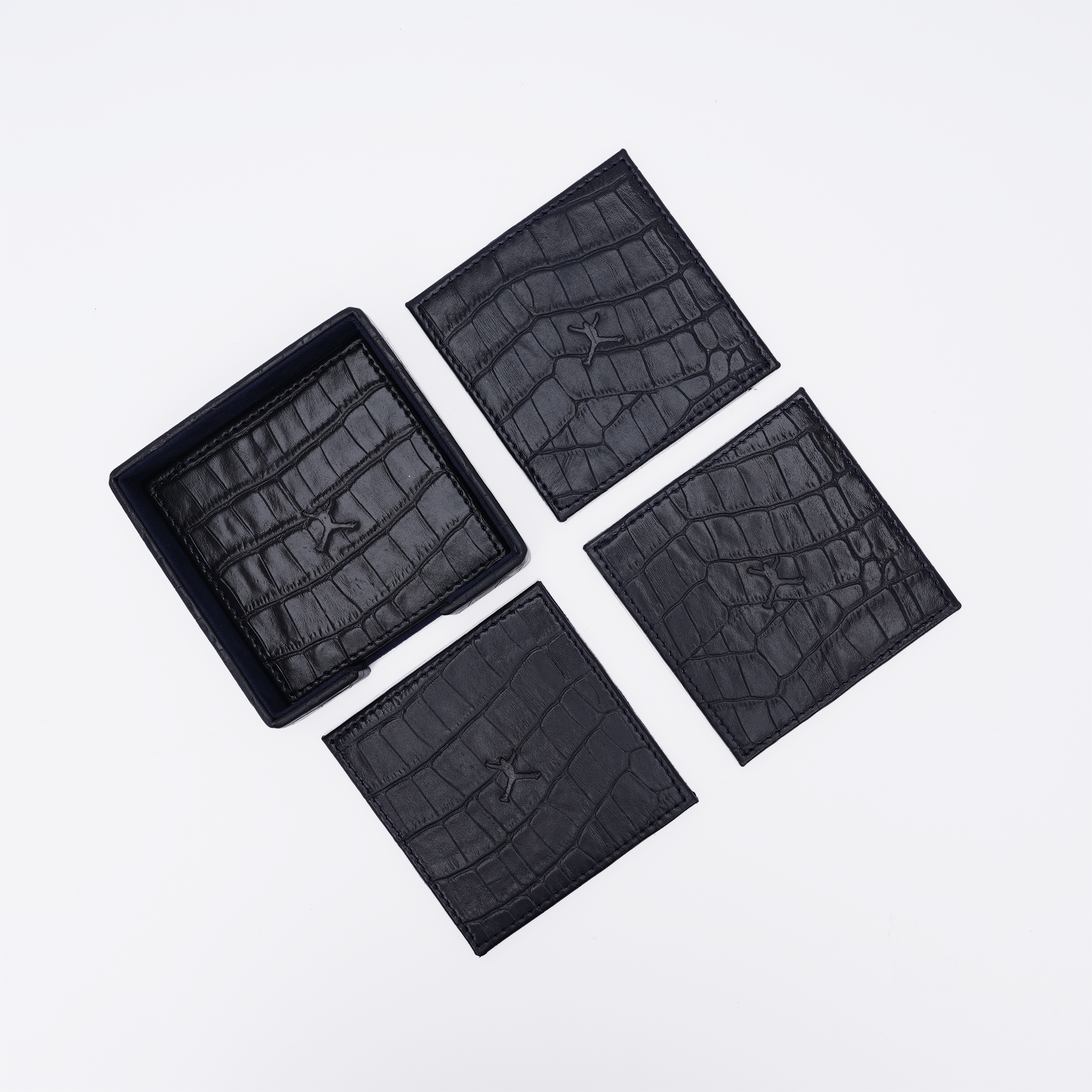 Italian Leather Square Coaster Set - Navy Blue