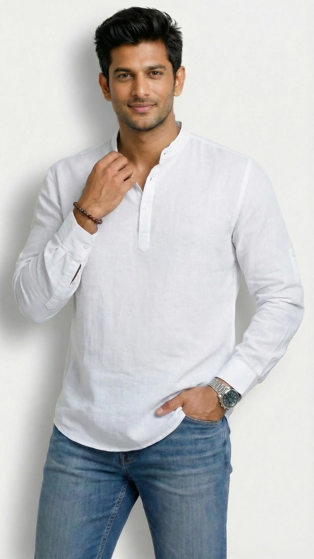 Slim Fit Cotton Linen Plain S/S Half Kurta