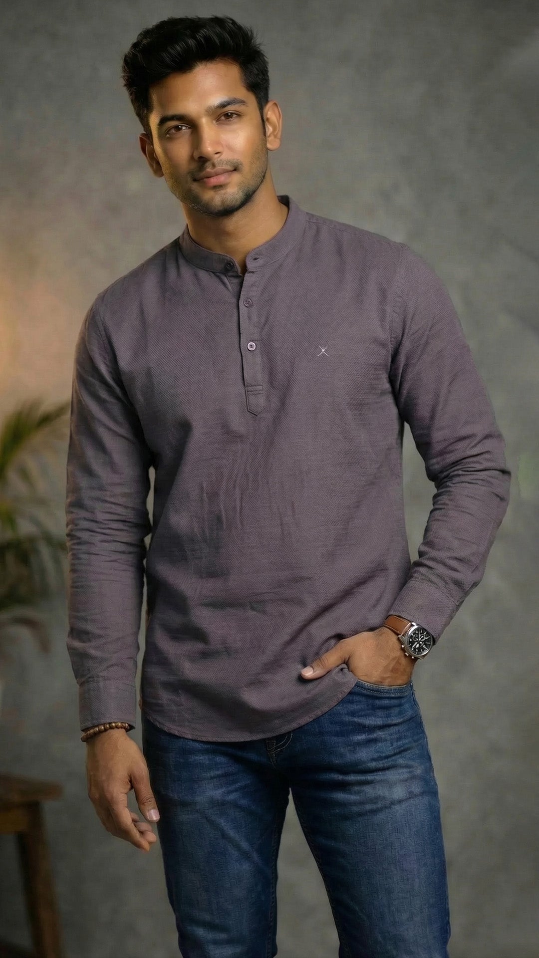 Slim Fit Cotton Plain L/S Half Kurta