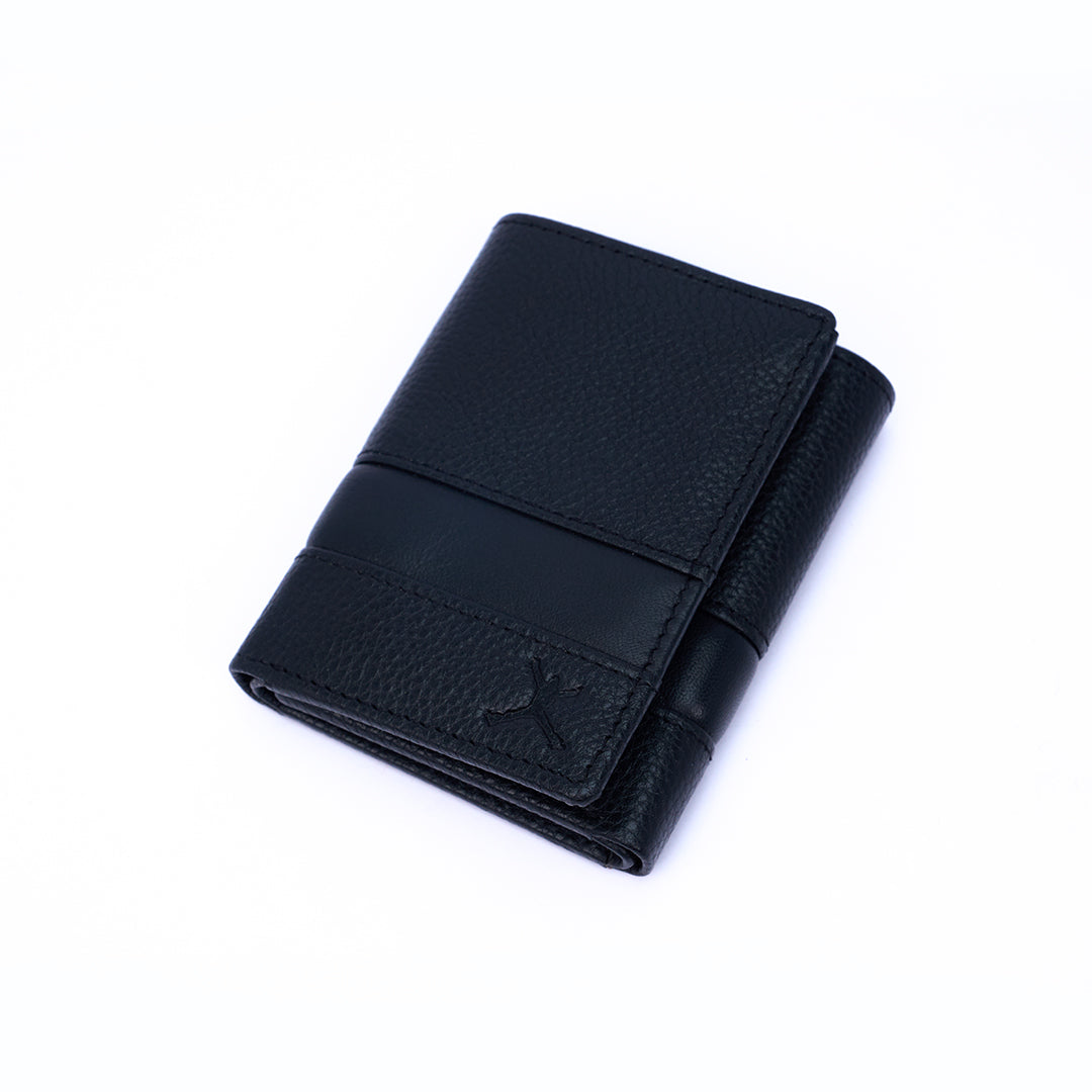 Genuine Leather RFID Tri Fold Wallet - Black