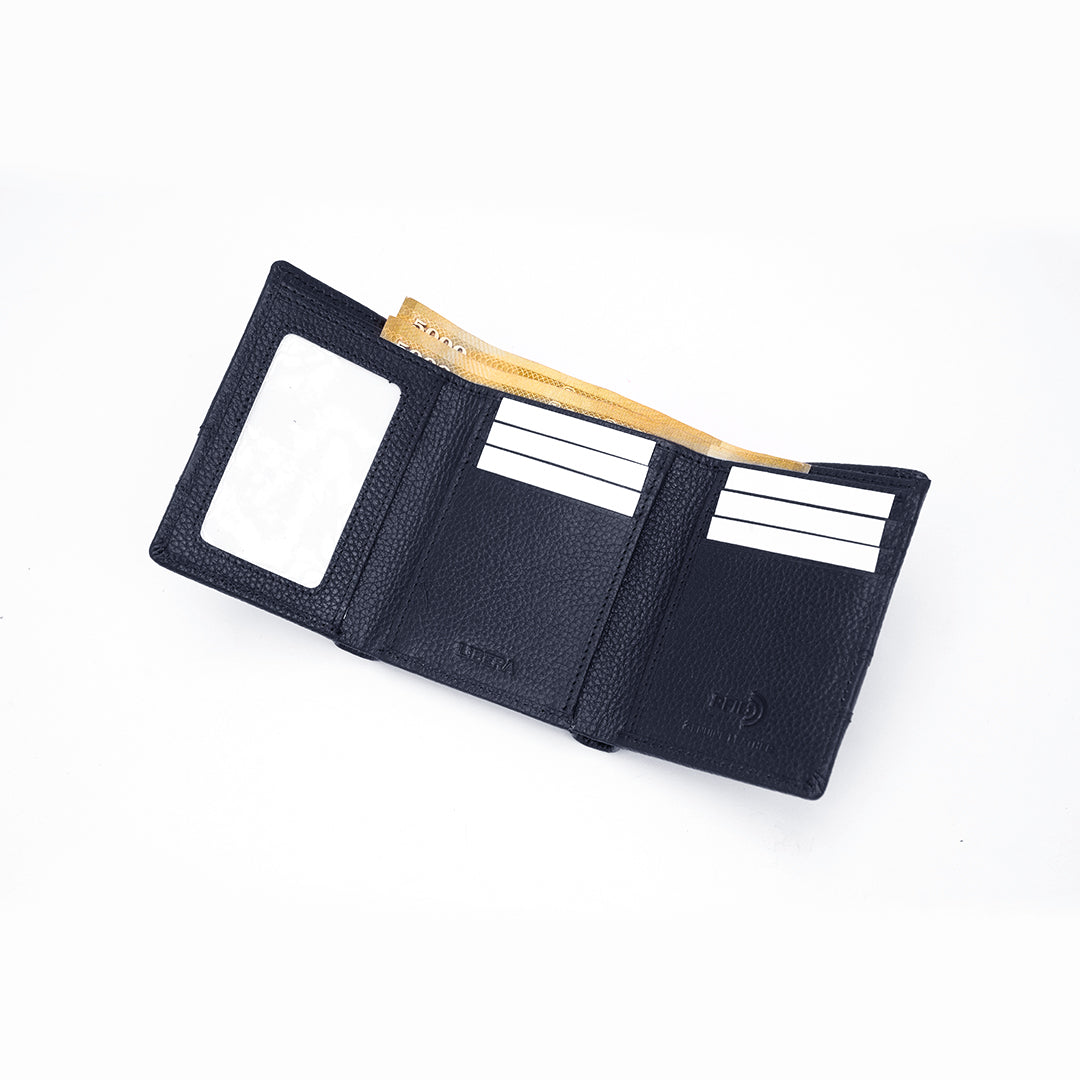 Genuine Leather RFID Tri Fold Wallet - Black