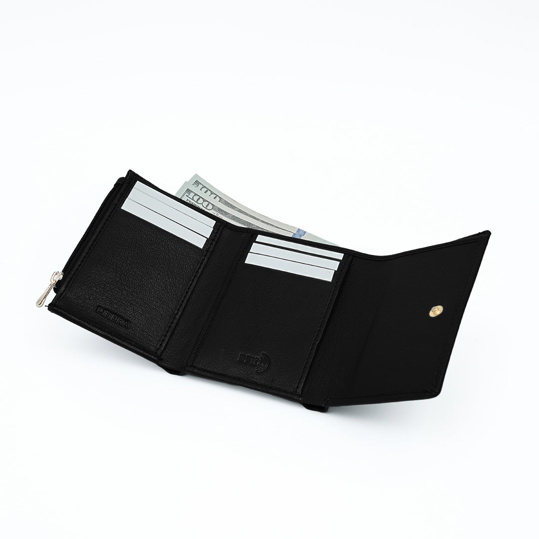 Italian Leather Ladies Tri Fold Wallet - Black