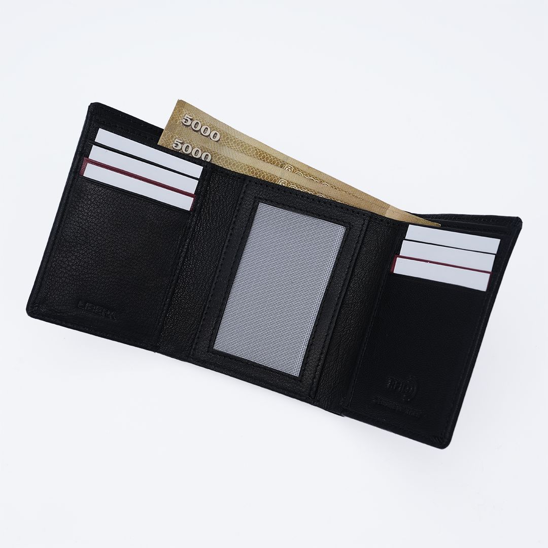 Genuine Leather RFID Tri Fold Wallet - Black
