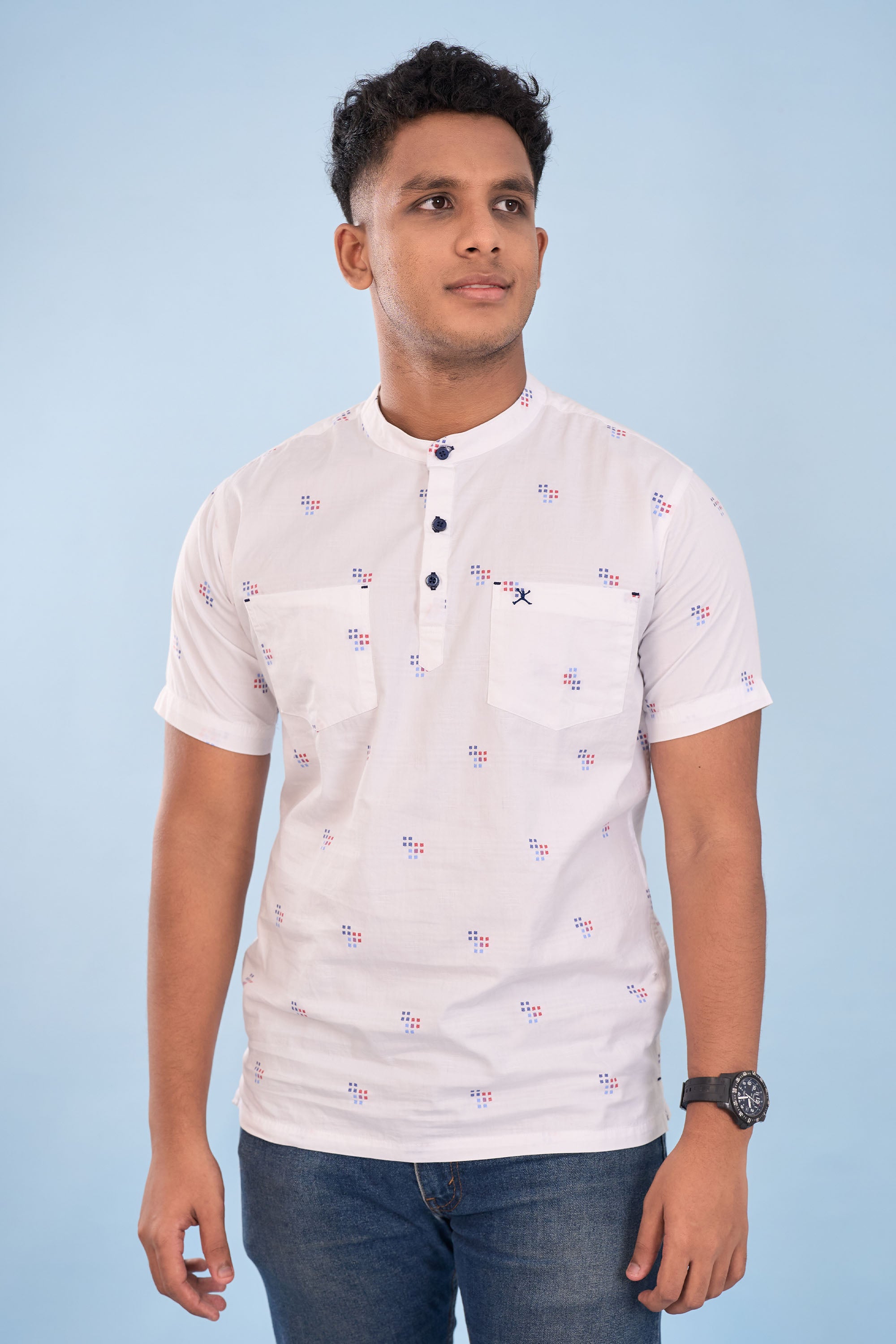 Regular Fit Printed Half Kurta Shirt - S/S - Blue | Red - Bricks