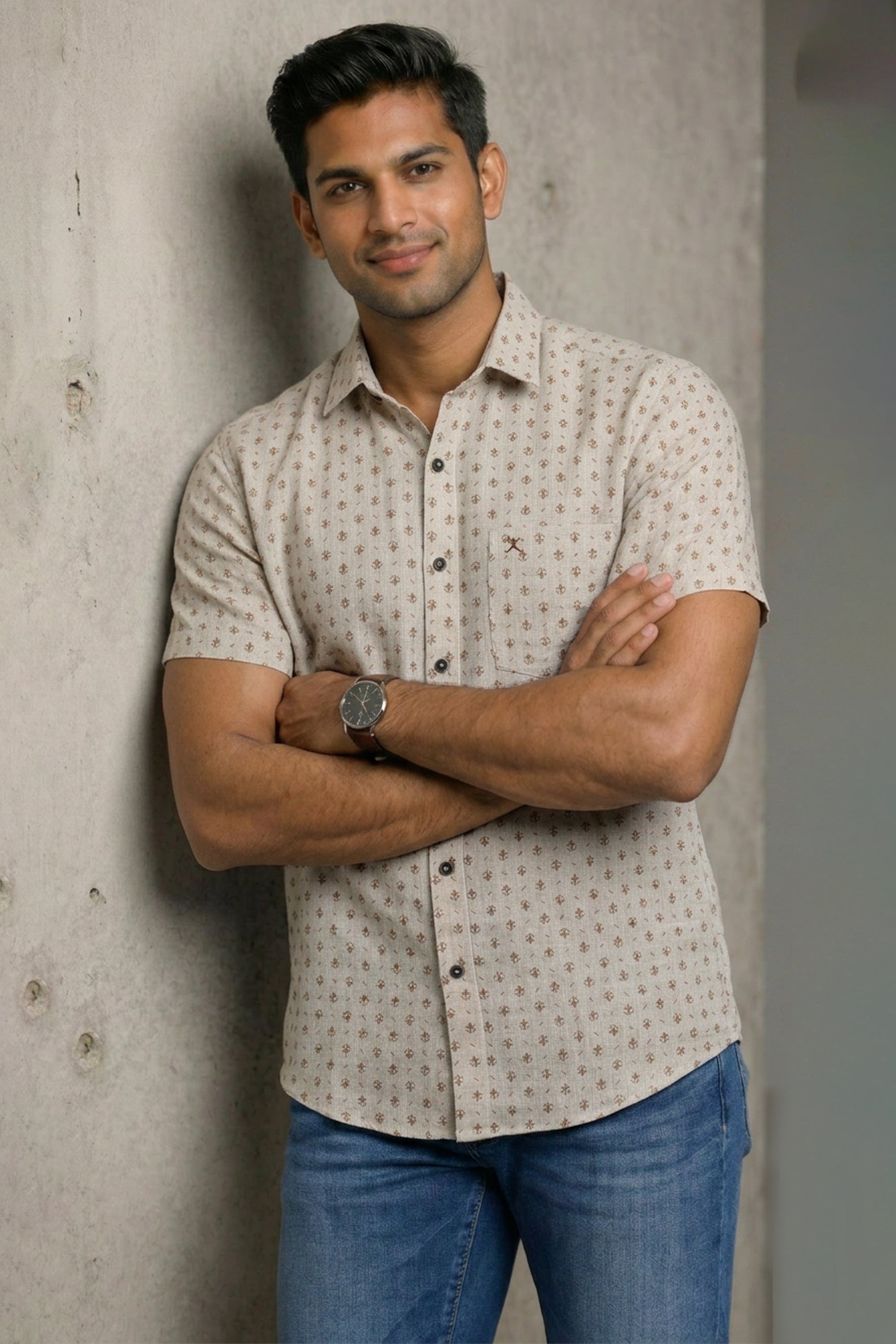 Slim Fit Cotton Linen Printed S/S Shirt