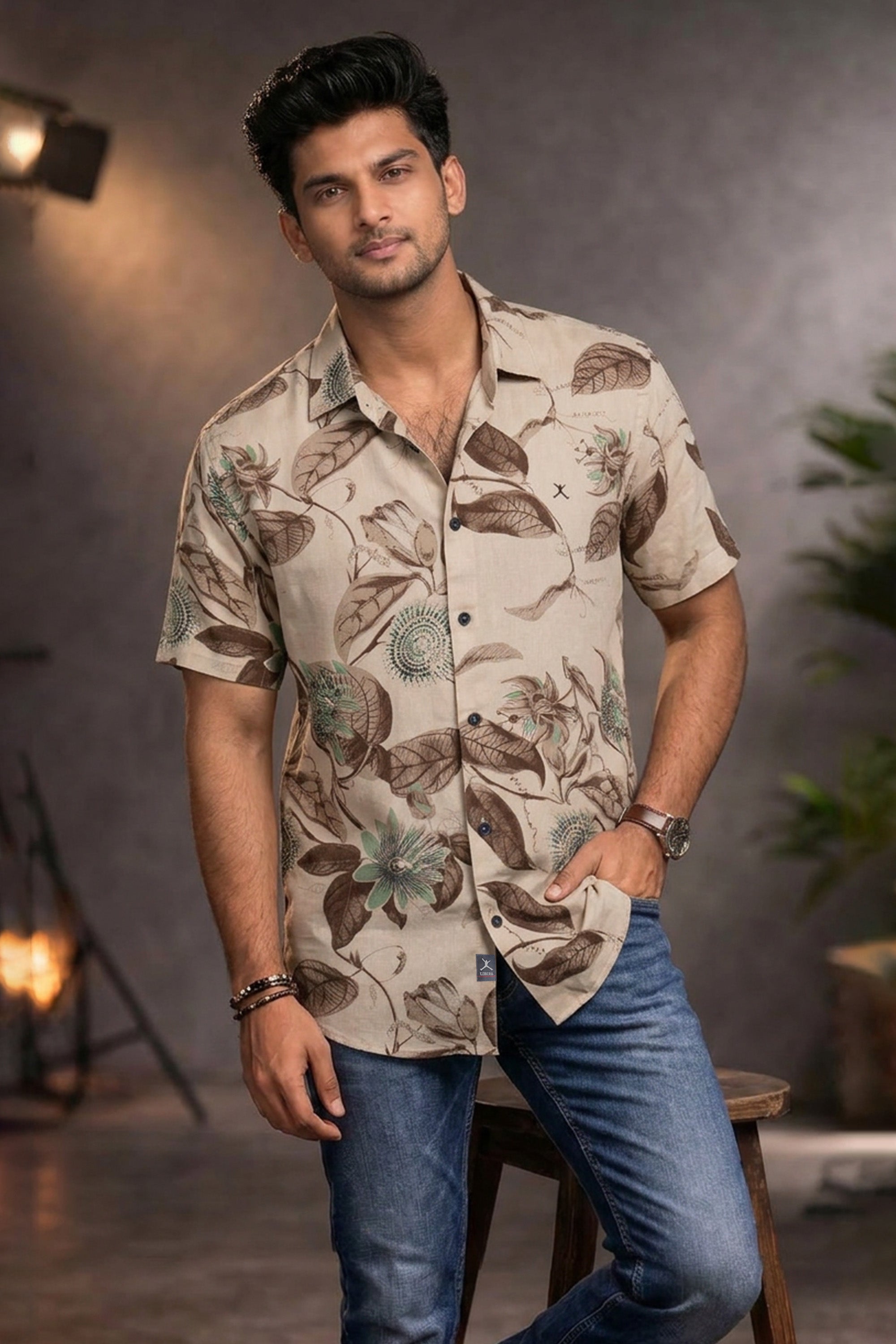 Slim Fit Cotton Linen Printed L/S Shirt
