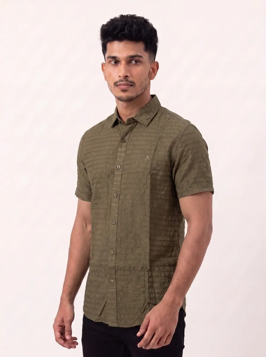 Slim Fit Cotton Stripes S/S Shirt - Beige