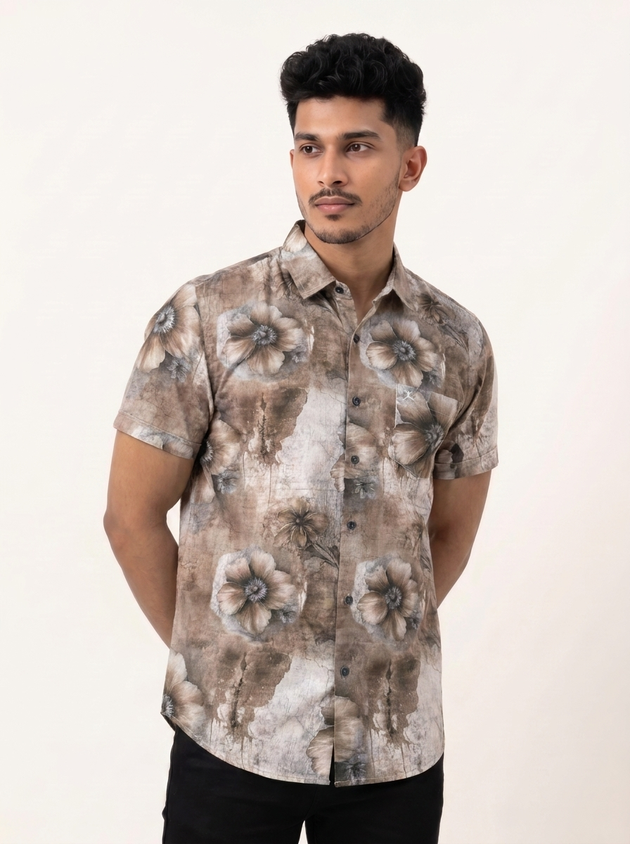 Slim Fit Cotton Printed S/S - Beige