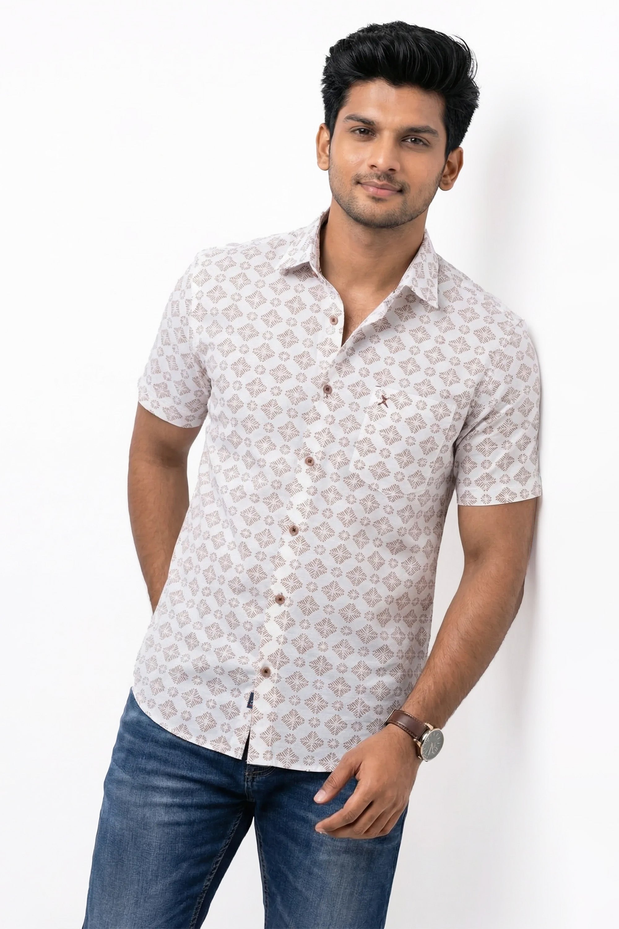 Slim Fit Cotton Linen Printed S/S Shirt