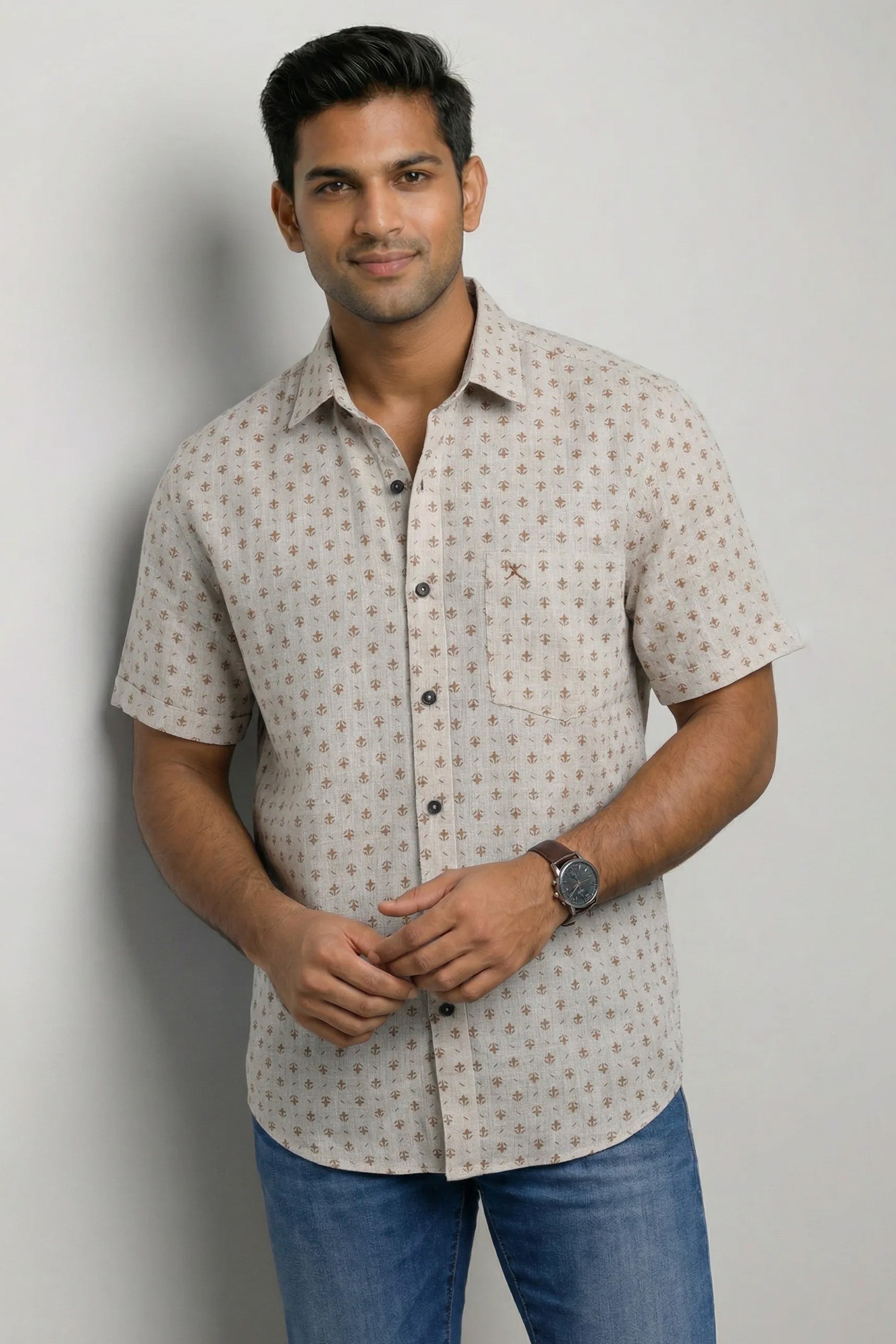 Slim Fit Cotton Linen Printed S/S Shirt