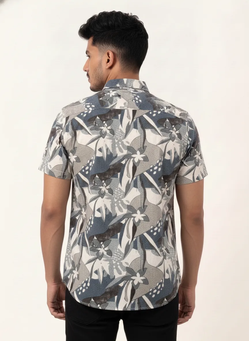 Slim Fit Cotton Printed S/S Shirt - Beige