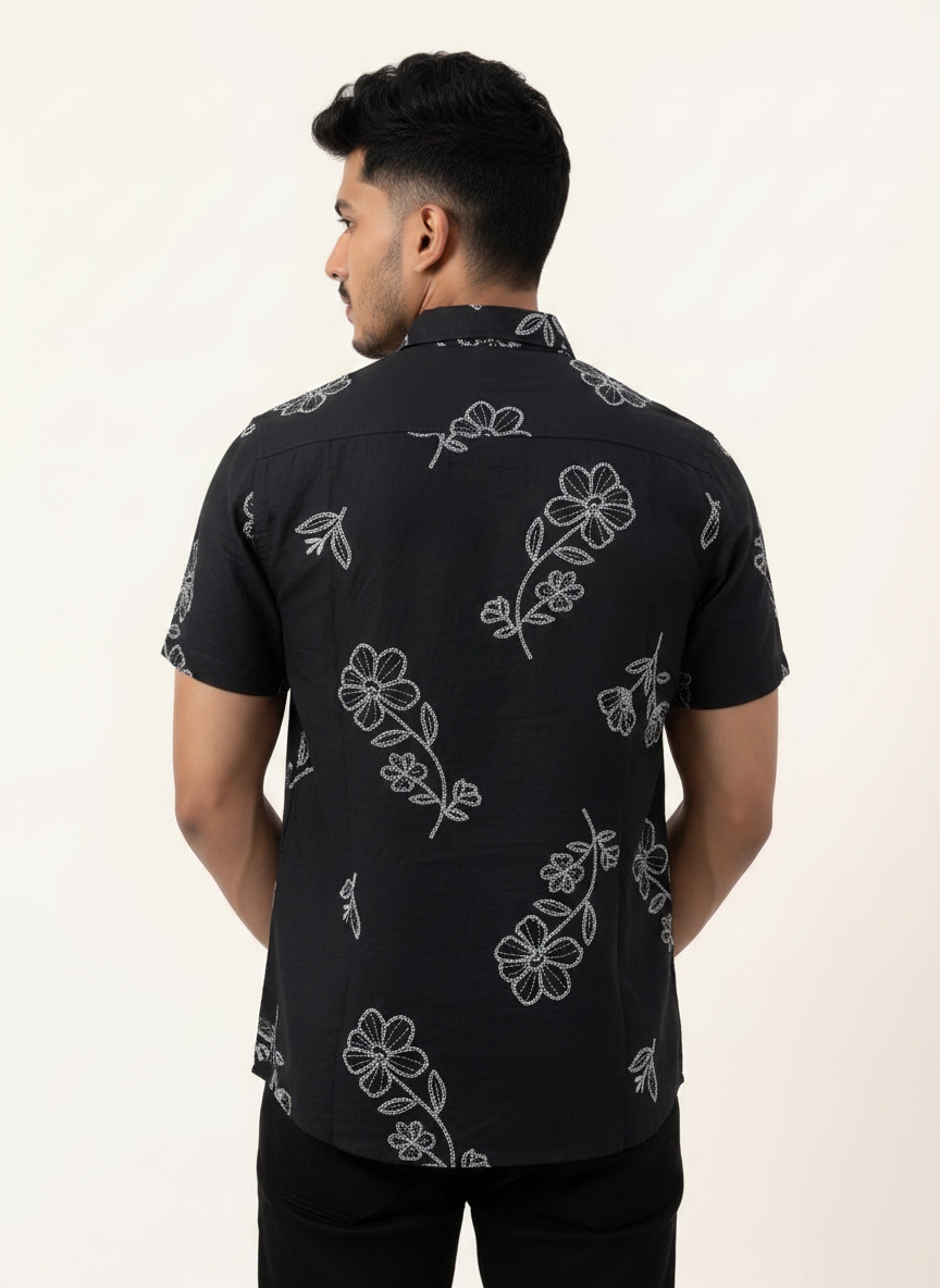 Slim Fit Cotton Floral Printed S/S Shirt - Black