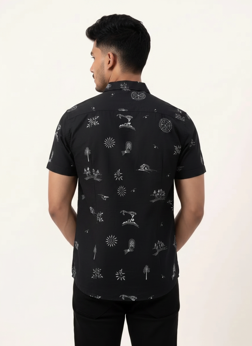 Slim Fit Cotton Leaf Printed S/S Shirt - Black