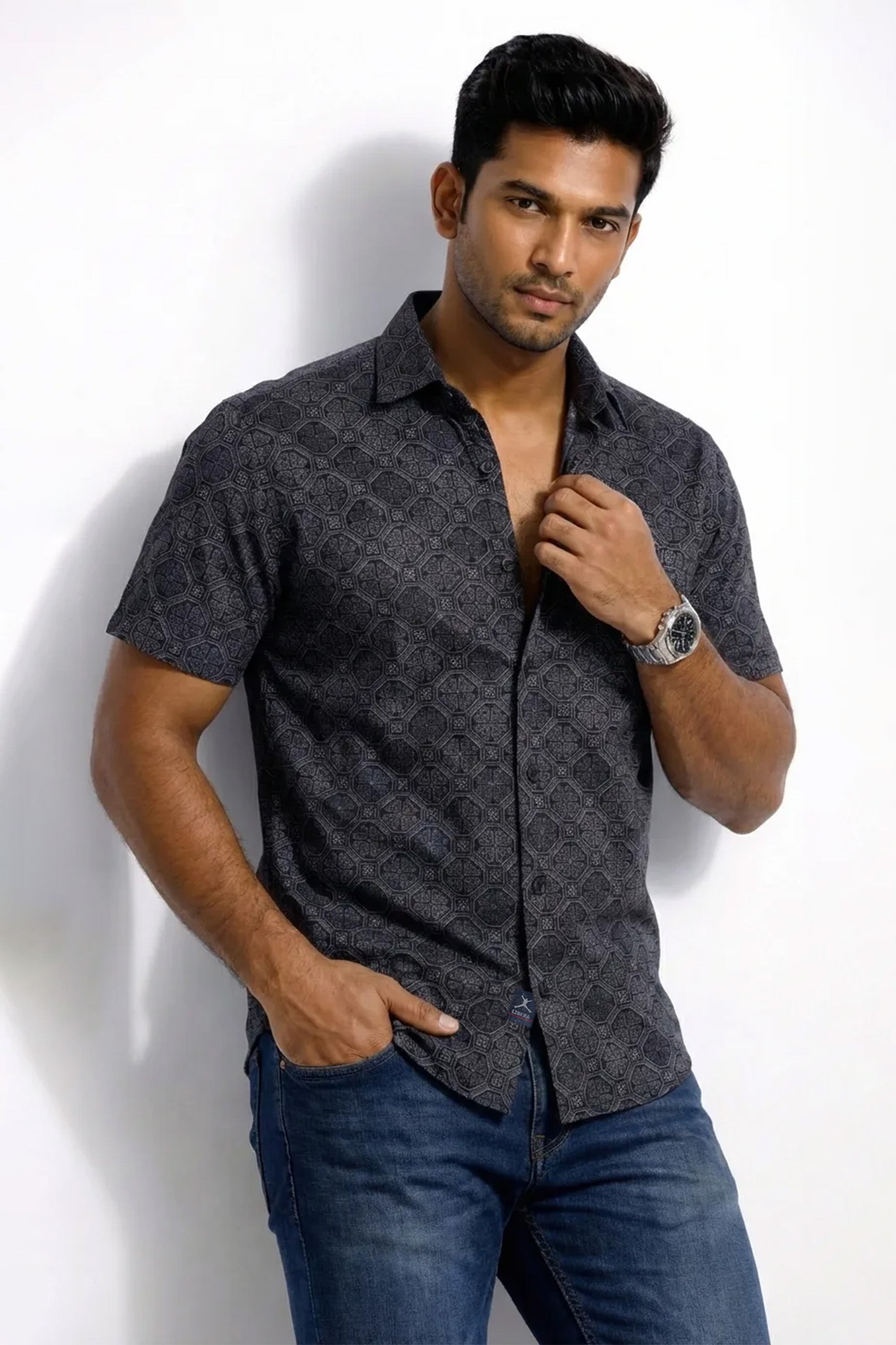 Slim Fit Cotton Linen Printed S/S Shirt