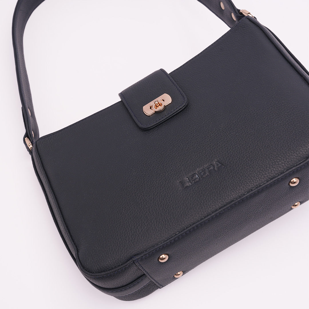Italian Leather Ladies Shoulder Bag - Navy