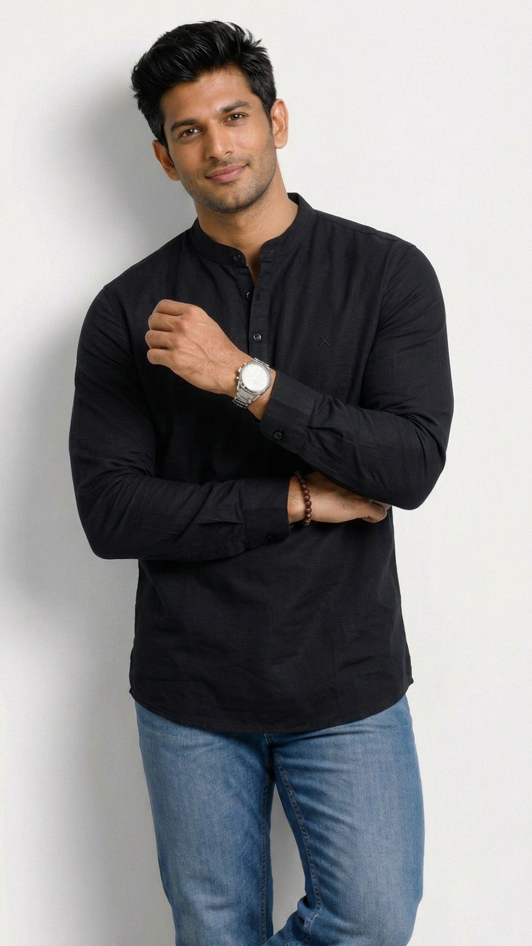 Slim Fit Cotton Linen Plain L/S Half Kurta