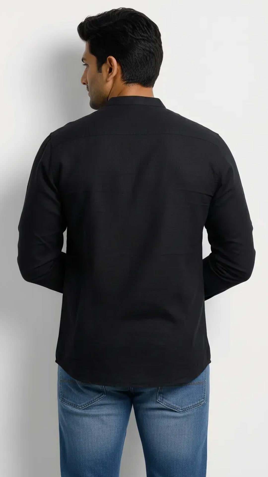 Slim Fit Cotton Linen Plain L/S Half Kurta